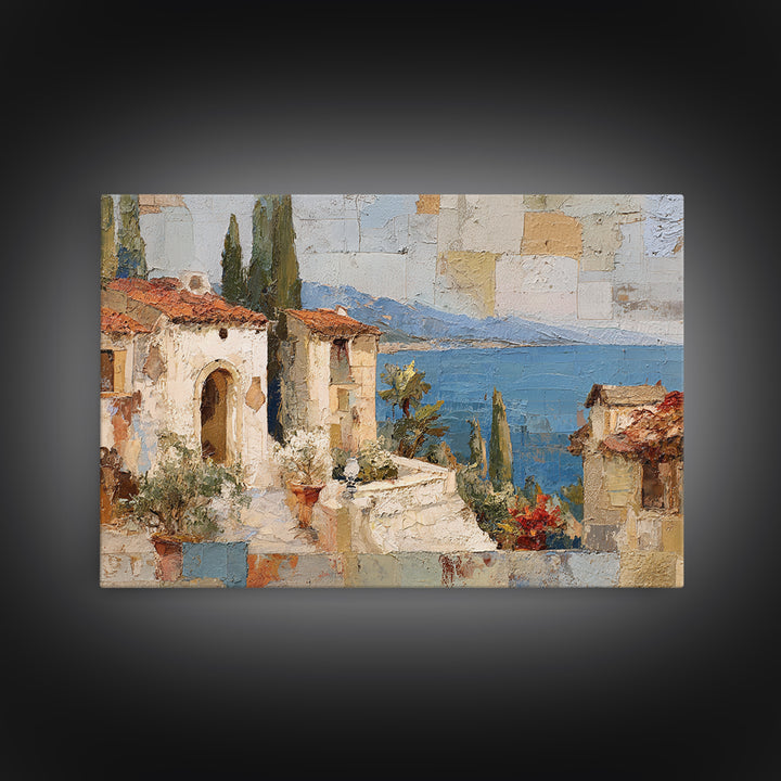 Mediterranean Arch Framing Blue Sea Framed Canvas Print, Italian Villa Art, Bedroom Wall Art, Living Room Decor, Villa, IVA-3x2-60