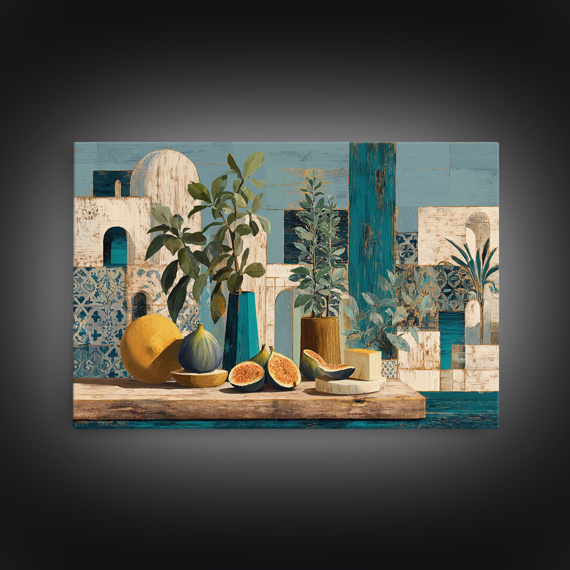 Figs and Cheese on Rustic Wooden Board Canvas Print, Italian Villa Art, Framed Wall Art, Living Room Decor, Oil Painting, Villa, IVA-3x2-61