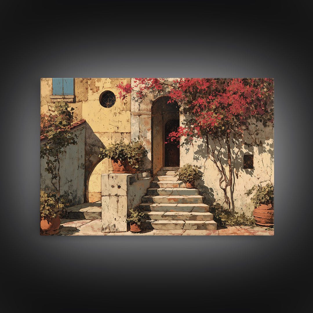Sunlit Stone Stairway Framed Canvas Print, Italian Villa Art, Neutral Decor, Living Room Decor, Fine Art, Villa, IVA-3x2-63