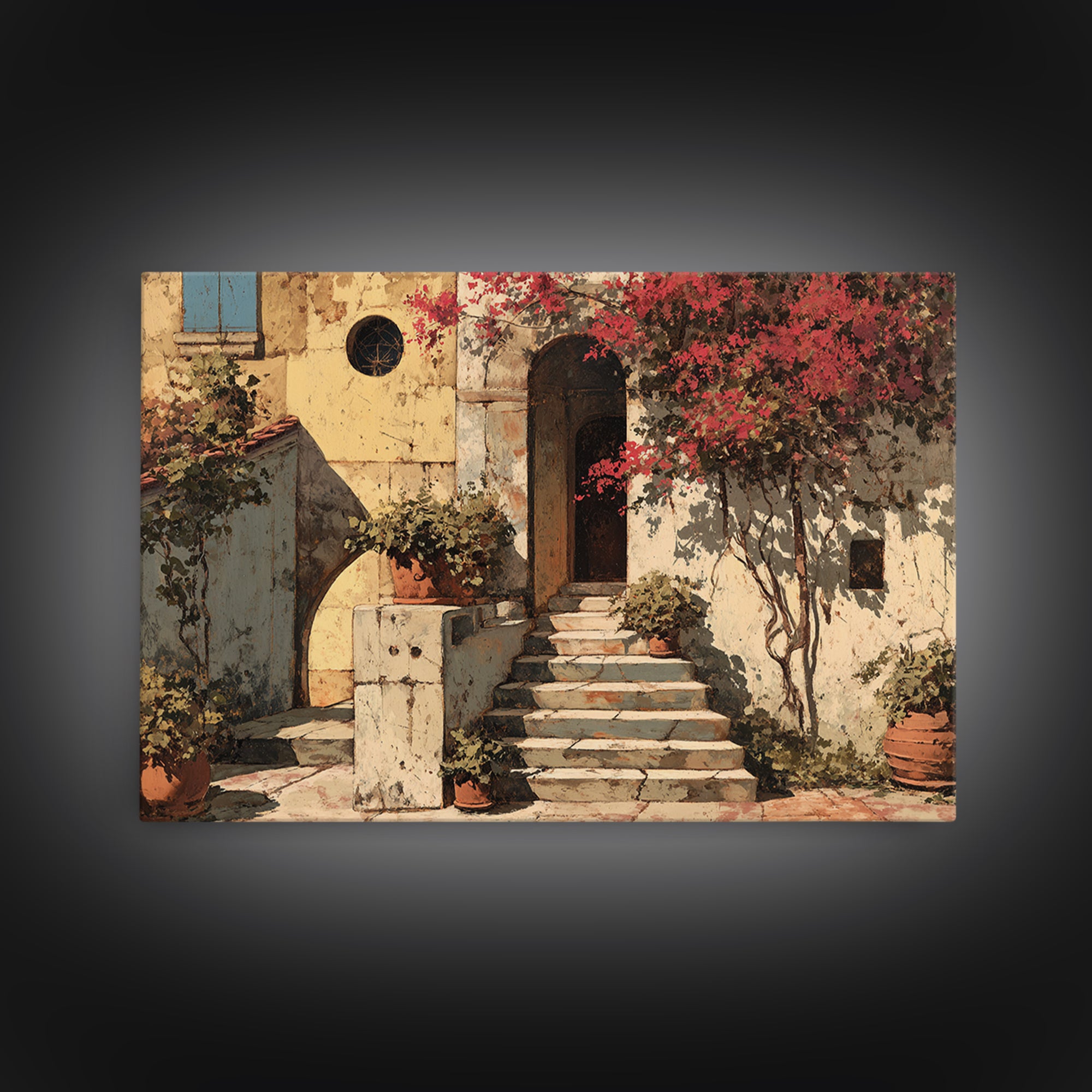 Sunlit Stone Stairway Framed Canvas Print, Italian Villa Art, Neutral Decor, Living Room Decor, Fine Art, Villa, IVA-3x2-63