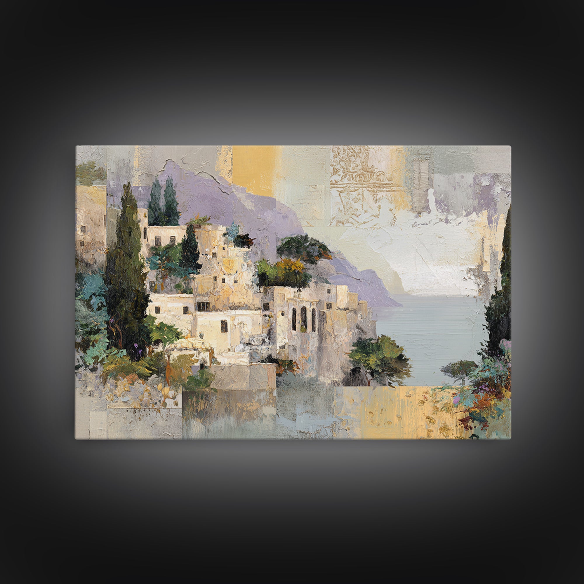 Amalfi Coast Cliffs Framed Canvas Print, Italian Villa Art, Printable Art, Living Room Decor, Watercolor Art, Villa, IVA-3x2-65