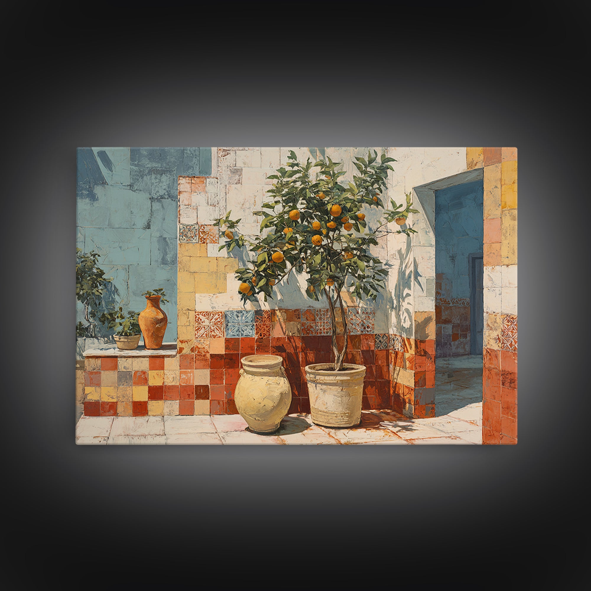 Orange Tree in a Courtyard Planter Canvas Print, Italian Villa Art, Original Painting, Living Room Decor, Fine Art, Villa, IVA-3x2-66