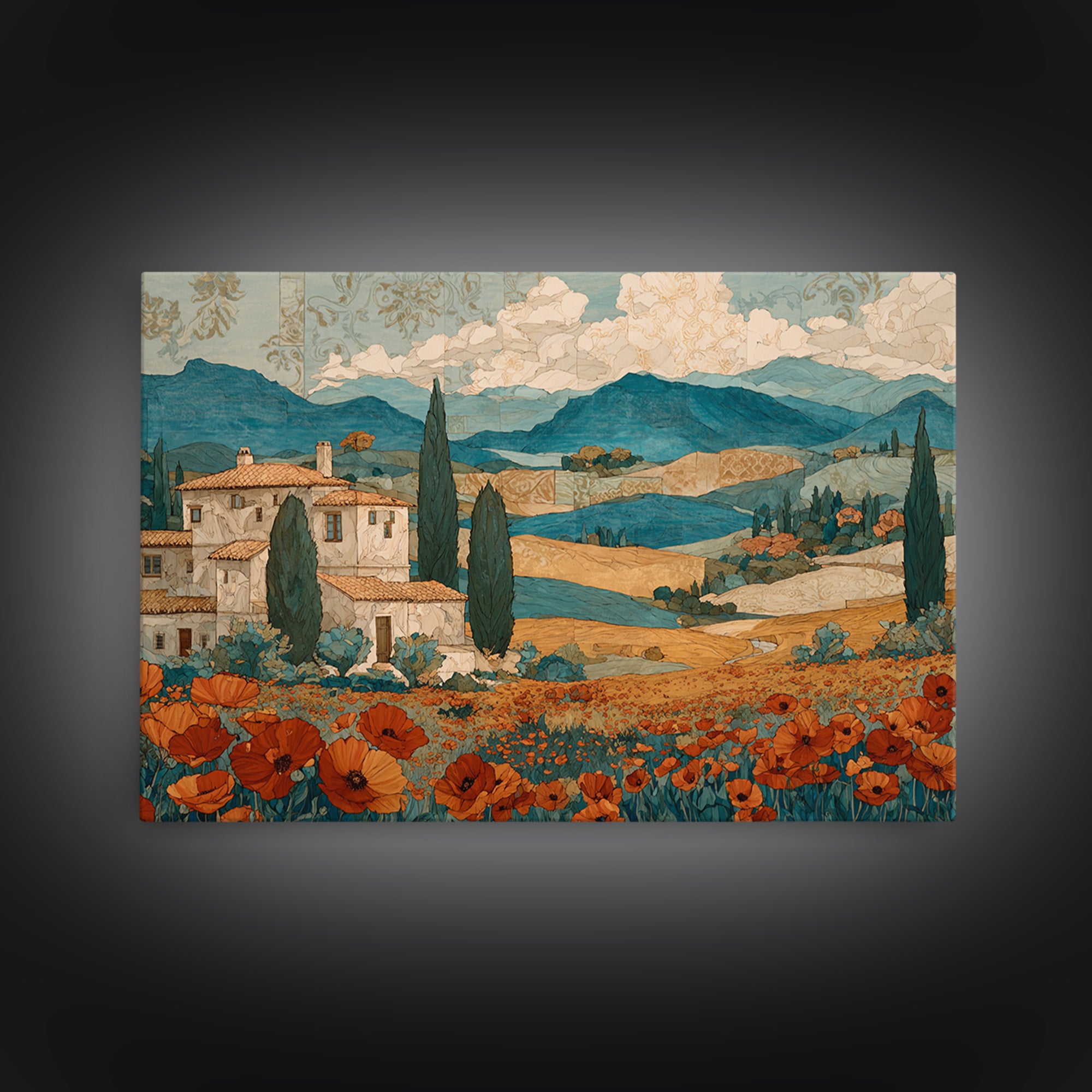 Tuscan Poppy Field Canvas Print, Italian Villa Art, Landscape Art, Living Room Decor, Watercolor Art, Villa, IVA-3x2-67