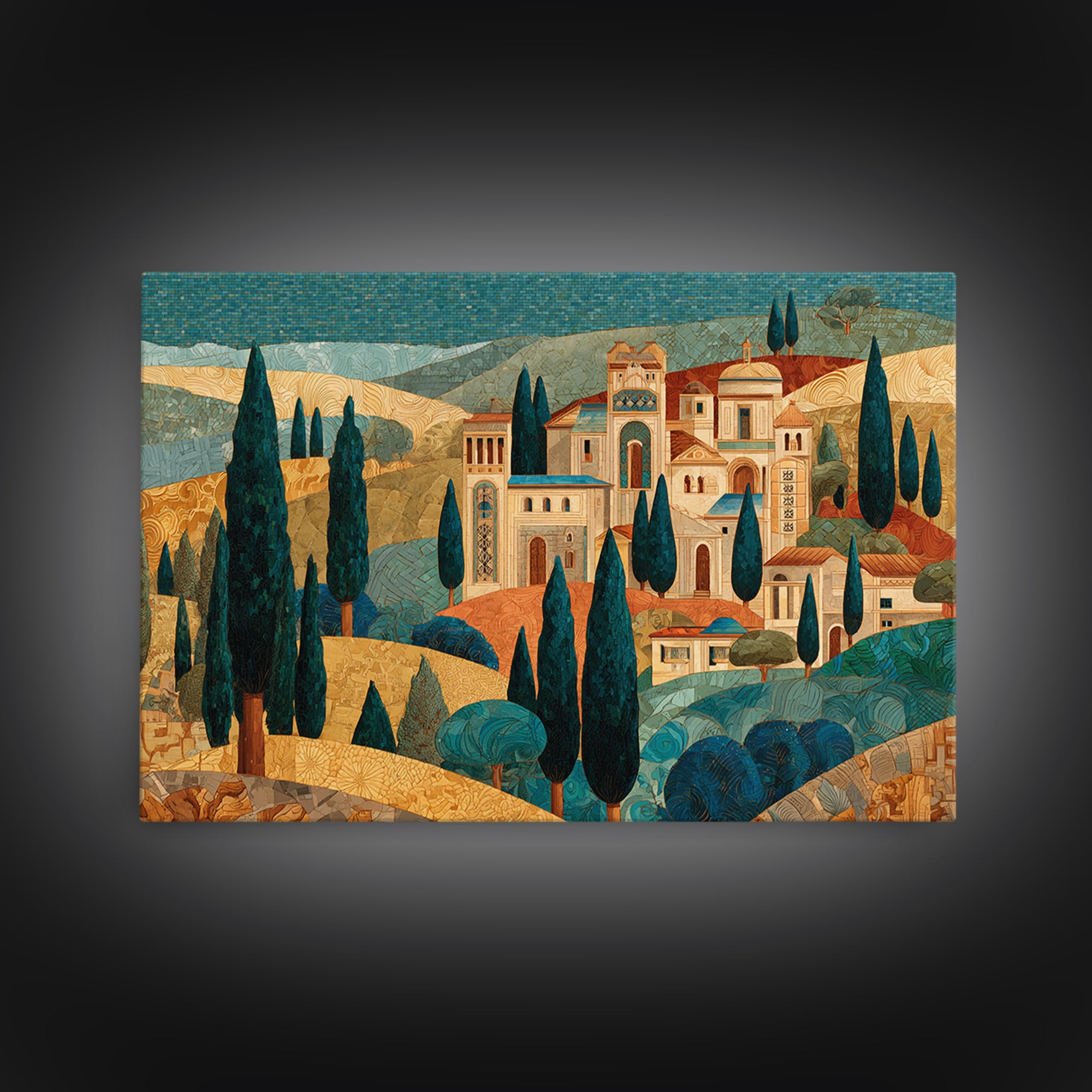 Tuscan Hillside with Cypress Trees and Golden Canvas Print, Italian Villa Art, Farmhouse Wall Art, Living Room Decor, Villa, IVA-3x2-77