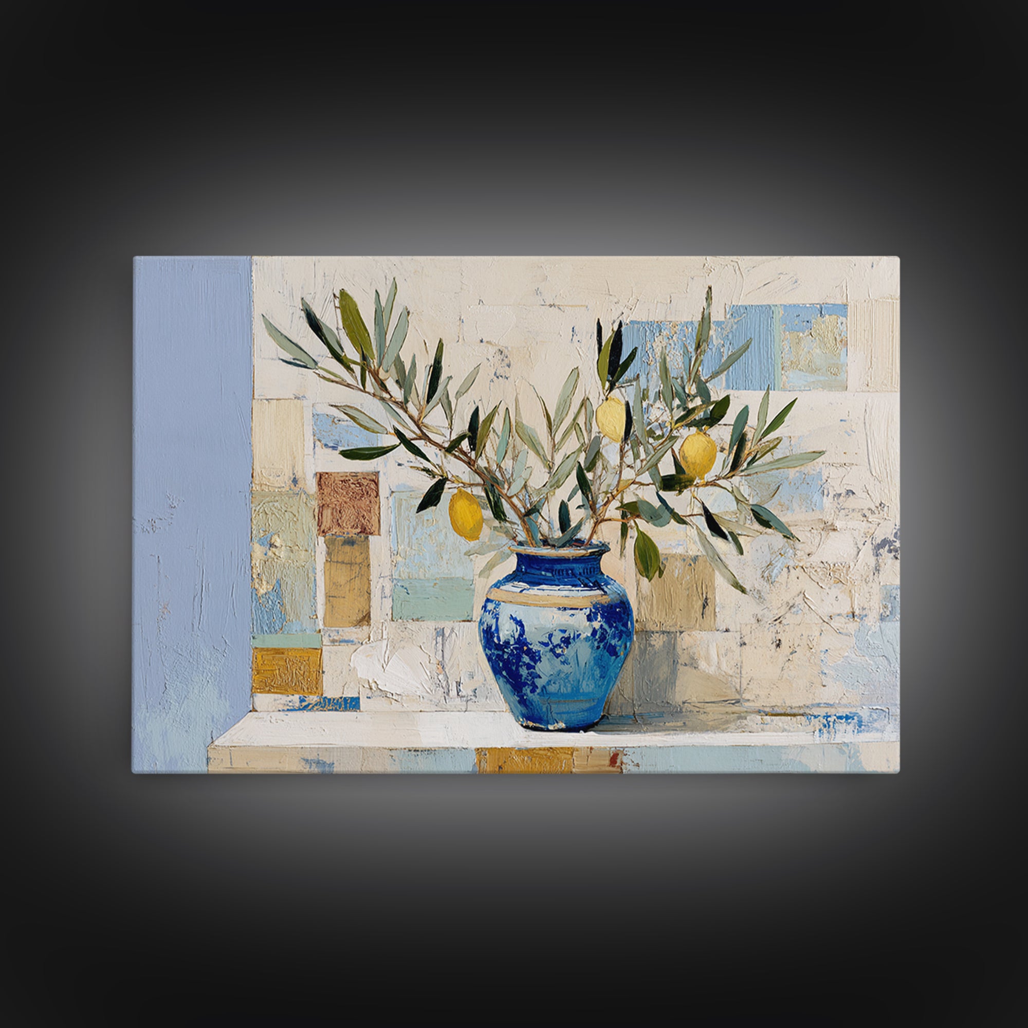 Lemon Branch in Blue Ceramic Vase Framed Canvas Print, Italian Villa Art, Bedroom Wall Art, Living Room Decor, Watercolor Art, IVA-3x2-78
