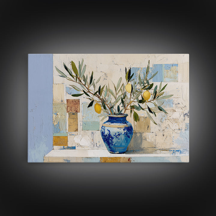 Lemon Branch in Blue Ceramic Vase Framed Canvas Print, Italian Villa Art, Bedroom Wall Art, Living Room Decor, Watercolor Art, IVA-3x2-78