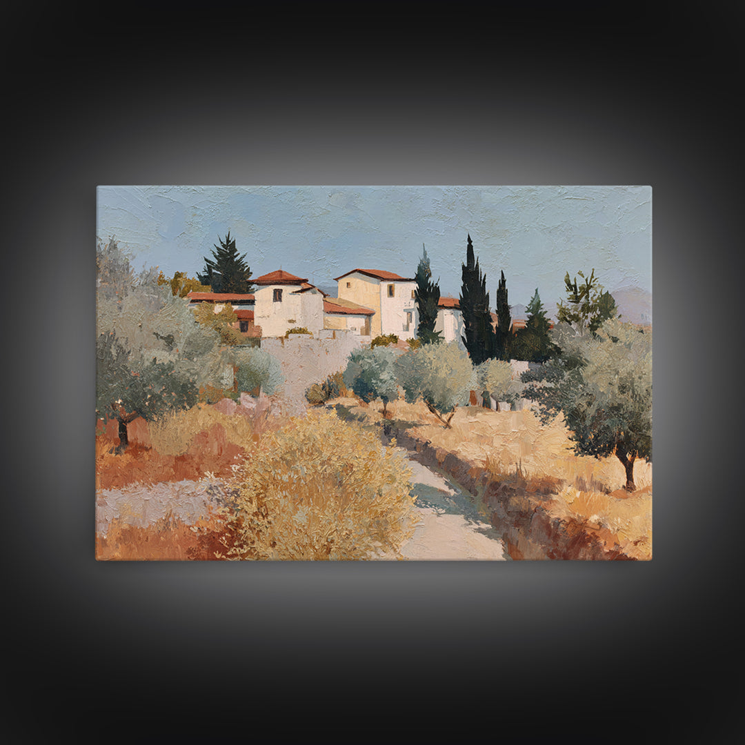 Olive Grove Path Framed Canvas Print, Italian Villa Art, Oil Painting, Living Room Decor, Watercolor Art, Villa, IVA-3x2-79