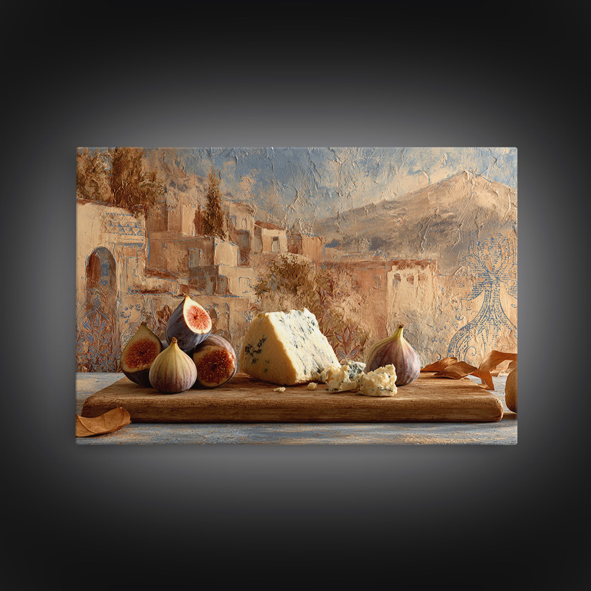 Figs and Cheese on Rustic Wooden Board Framed Canvas Print, Italian Villa Art, Bedroom Wall Decor, Living Room Decor, Villa, IVA-3x2-85