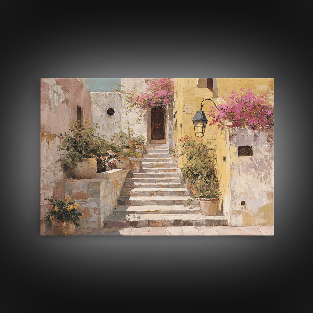 Sunlit Stone Stairway Framed Canvas Print, Italian Villa Art, Bedroom Wall Art, Living Room Decor, Villa, Travel Poster, IVA-3x2-87