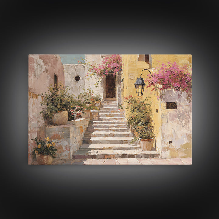 Sunlit Stone Stairway Framed Canvas Print, Italian Villa Art, Bedroom Wall Art, Living Room Decor, Villa, Travel Poster, IVA-3x2-87