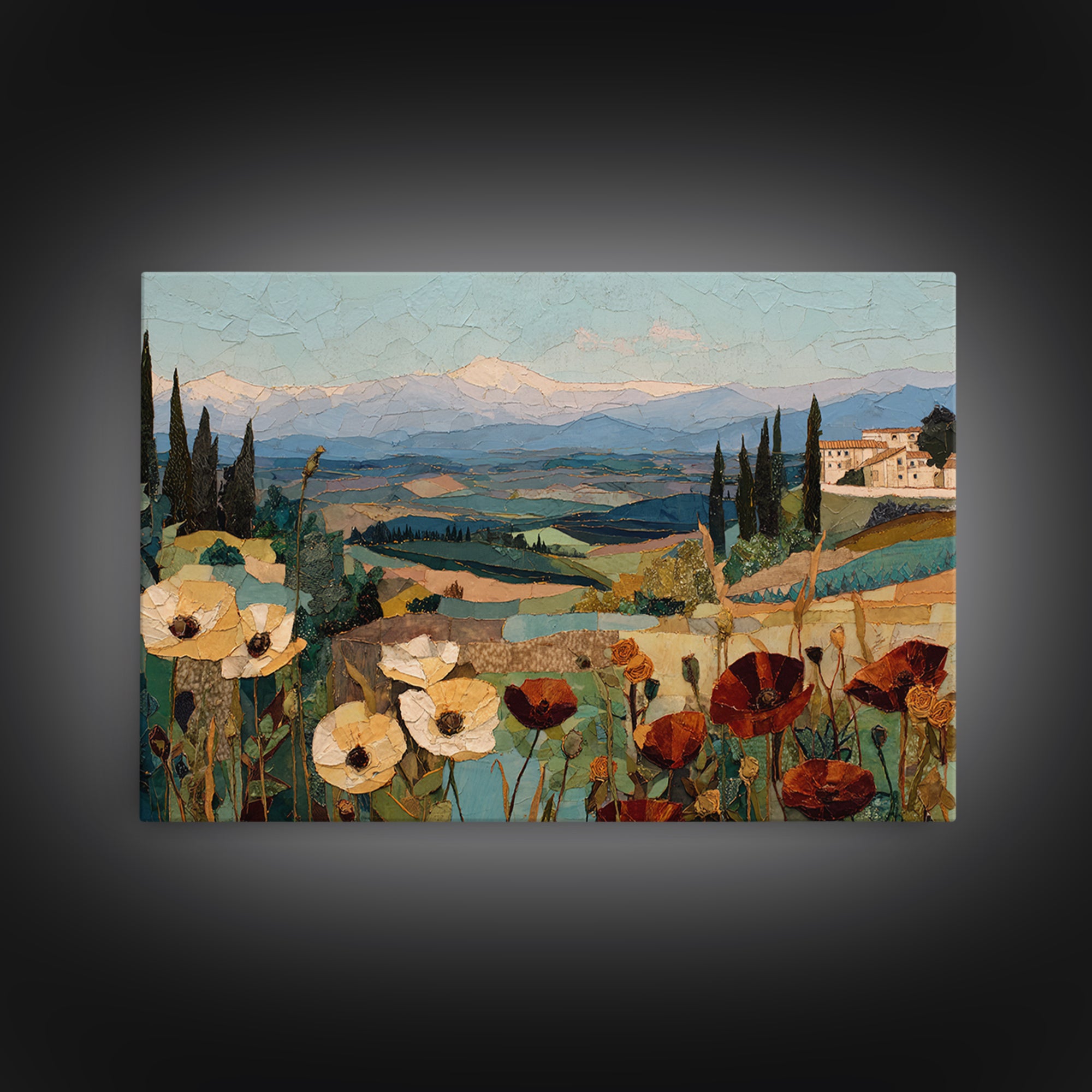 Tuscan Poppy Field Framed Canvas Print, Italian Villa Art, Travel Poster, Living Room Decor, Oil Painting, Villa, IVA-3x2-91