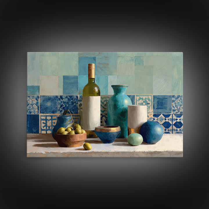 White Wine and Olives Still Life Framed Canvas Print, Italian Villa Art, Colorful Wall Art, Living Room Decor, Fine Art, Villa, IVA-3x2-92
