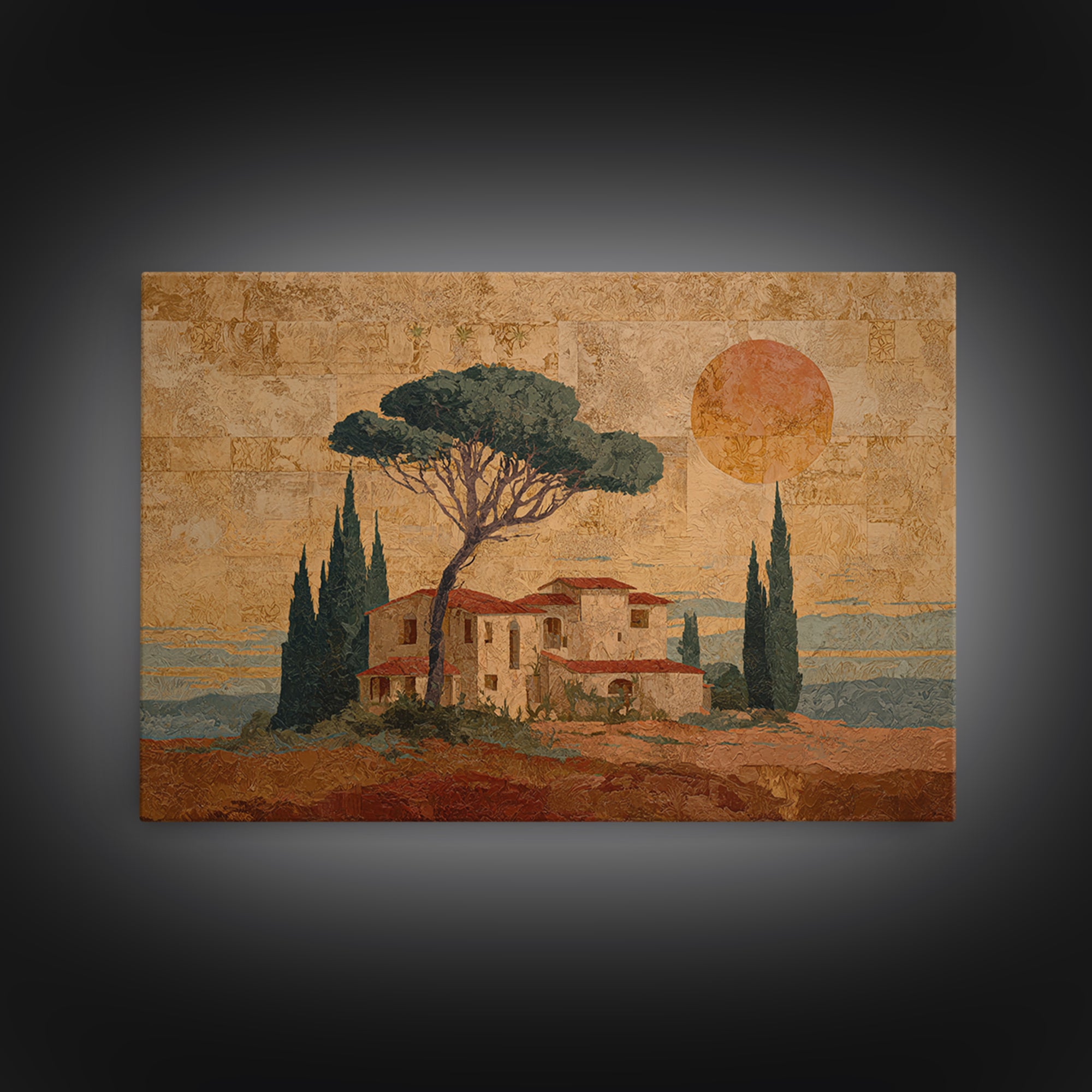 Cypress Silhouette at Sunset Framed Canvas Print, Italian Villa Art, Landscape Painting, Living Room Decor, Watercolor Art, IVA-3x2-97