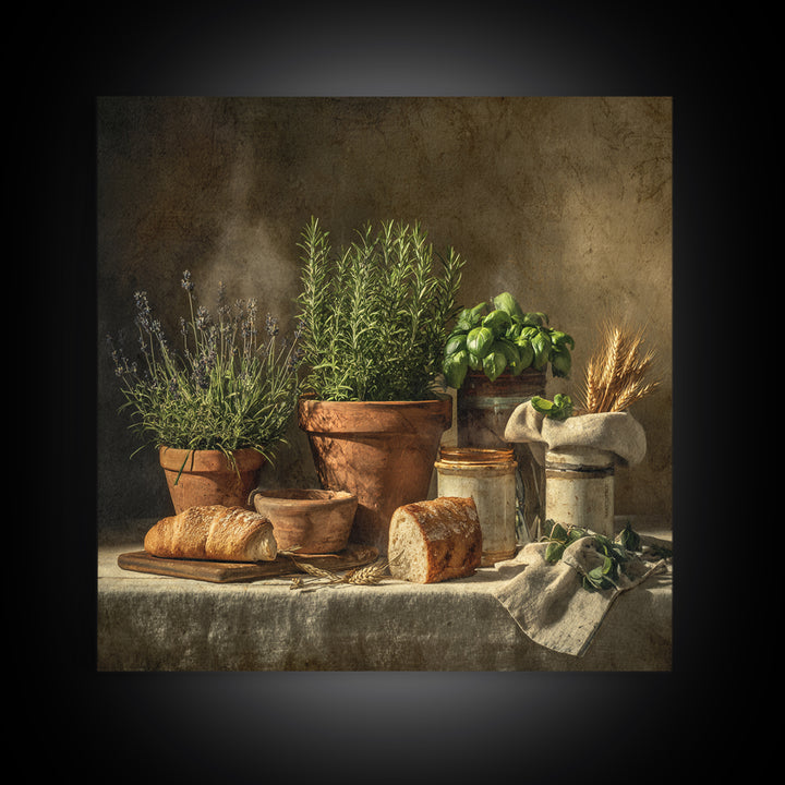 Fresh Herbs in Terracotta Pots Framed Canvas Print, Kitchen Art, Coffee Wall Art, Kitchen Decor, Fine Art, Kitchen, Room Decor, KIT-1x1-1