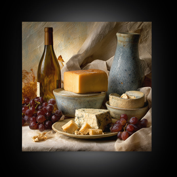 Wine Bottle Grapes and Cheese Still Life Framed Canvas Print, Kitchen Art, Kitchen, Kitchen Decor, Fine Art, Kitchen, KIT-1x1-12