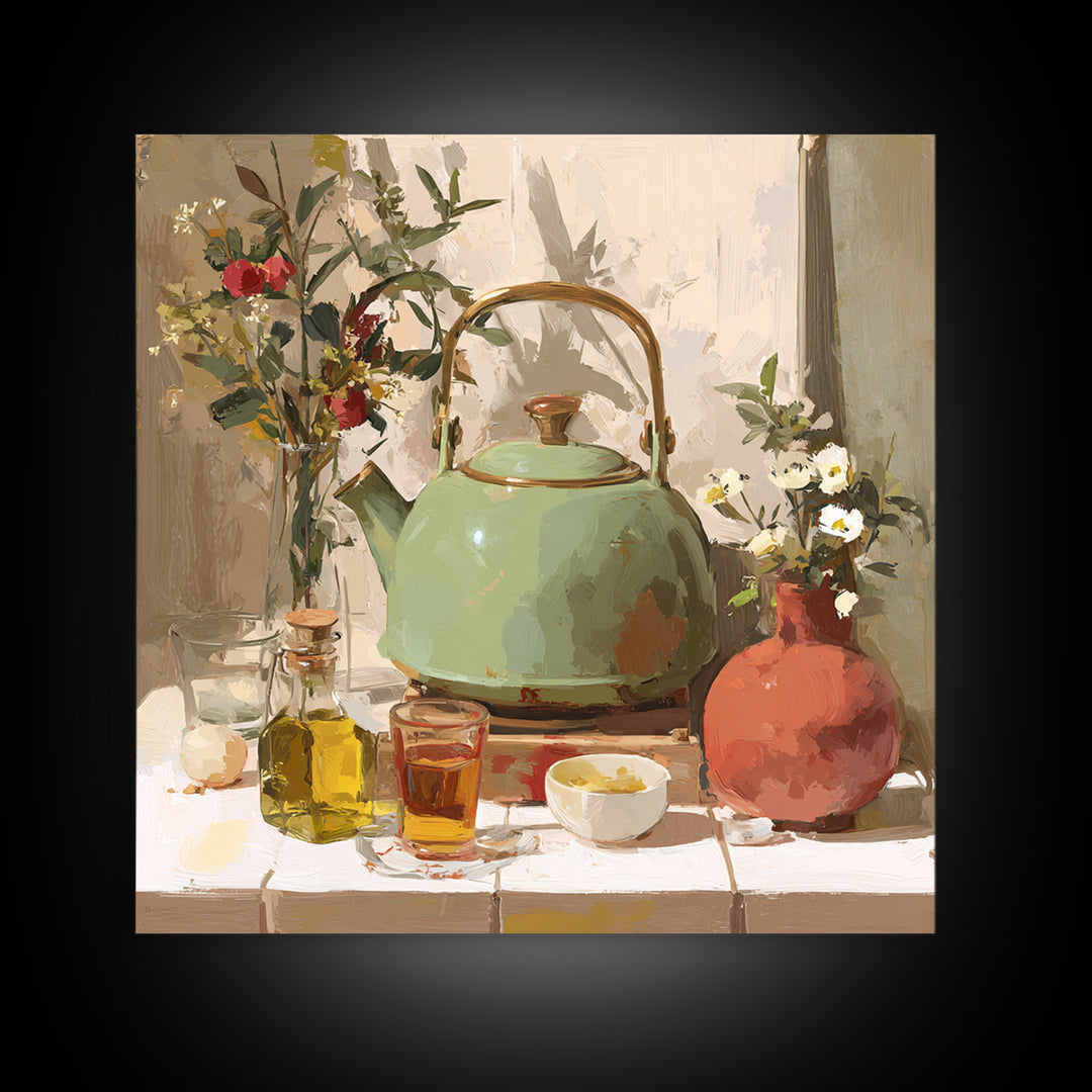 Tea Kettle with Steam and Wildflowers Canvas Print, Kitchen Art, Coffee Art, Kitchen Decor, Fine Art, Kitchen, Fine Art Print, KIT-1x1-14