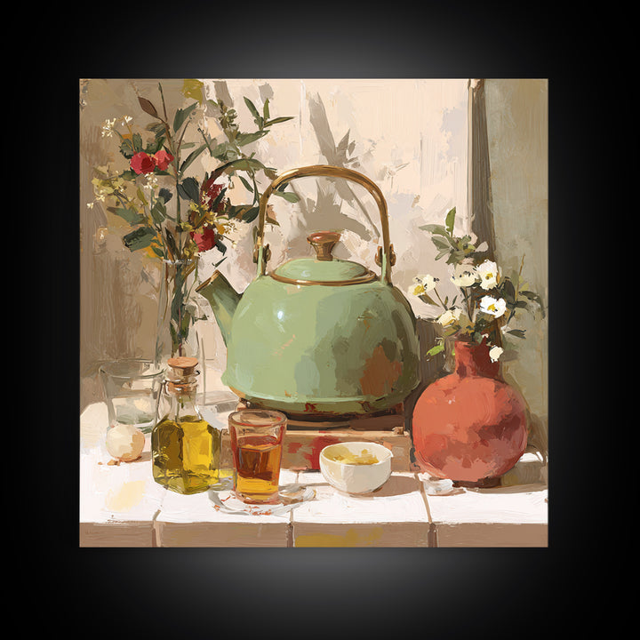 Tea Kettle with Steam and Wildflowers Canvas Print, Kitchen Art, Coffee Art, Kitchen Decor, Fine Art, Kitchen, Fine Art Print, KIT-1x1-14