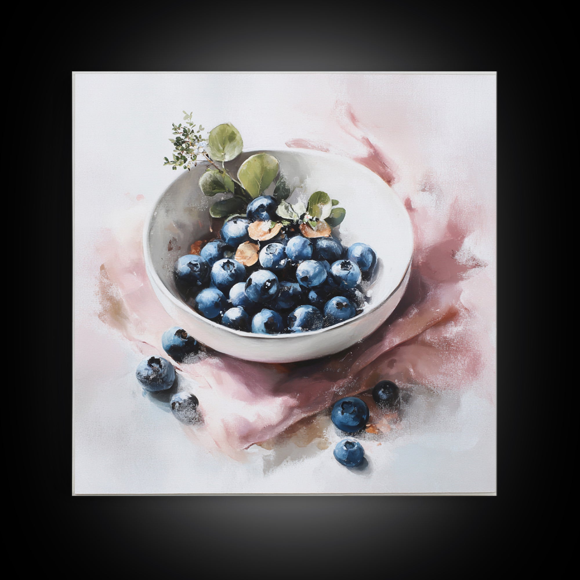 Blueberries in a White Bowl Canvas Print, Kitchen Art, Digital Print, Kitchen Decor, Watercolor Art, Kitchen, Kitchen Print, KIT-1x1-19