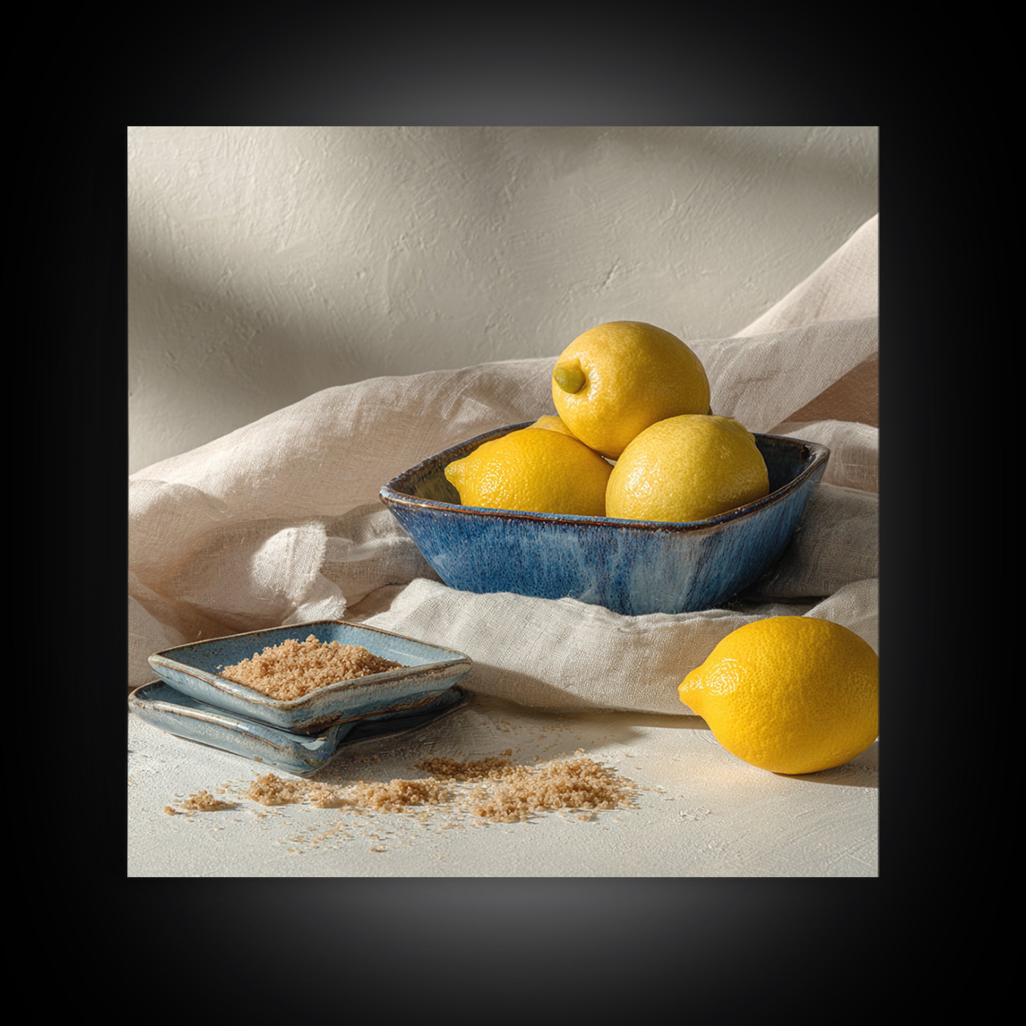 Lemons and Blue Ceramic Bowl Still Life Canvas Print, Kitchen Art, Trendy Wall Art, Kitchen Decor, Fine Art, Kitchen, KIT-1x1-26