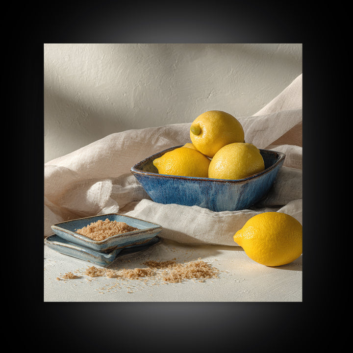 Lemons and Blue Ceramic Bowl Still Life Canvas Print, Kitchen Art, Trendy Wall Art, Kitchen Decor, Fine Art, Kitchen, KIT-1x1-26