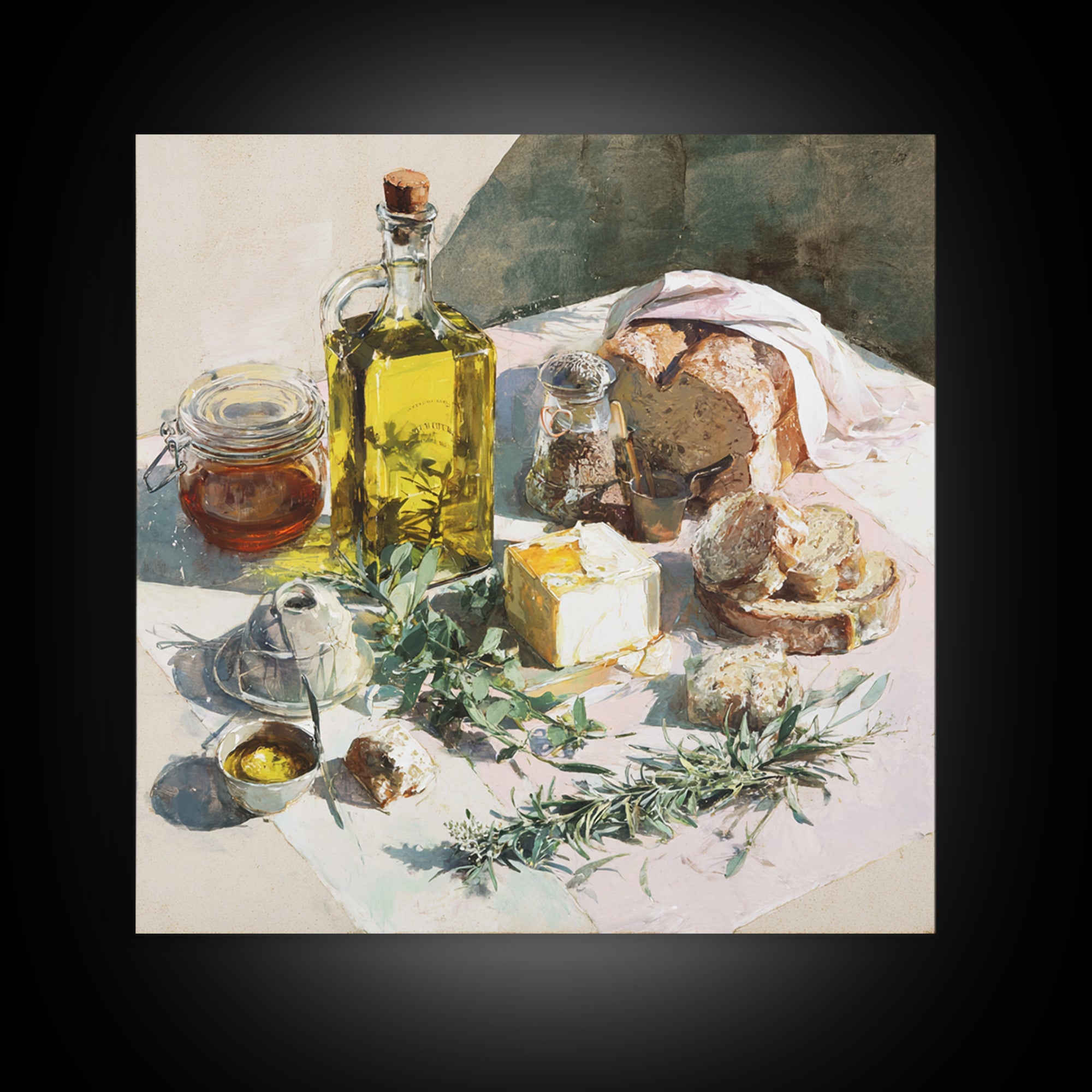 Olive Oil Bottle and Rosemary Branch Framed Canvas Print, Kitchen Art, Fine Art Print, Kitchen Decor, Fine Art, Kitchen, KIT-1x1-29