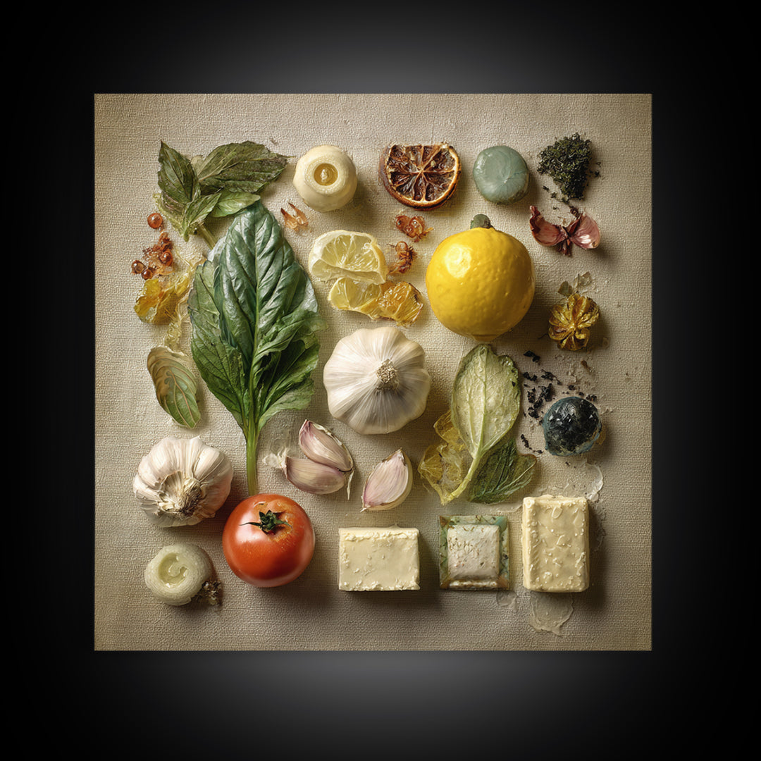 Tomatoes Garlic and Basil on Linen Canvas Print, Kitchen Art, Digital Wall Art, Kitchen Decor, Kitchen, Kitchen Prints, KIT-1x1-3