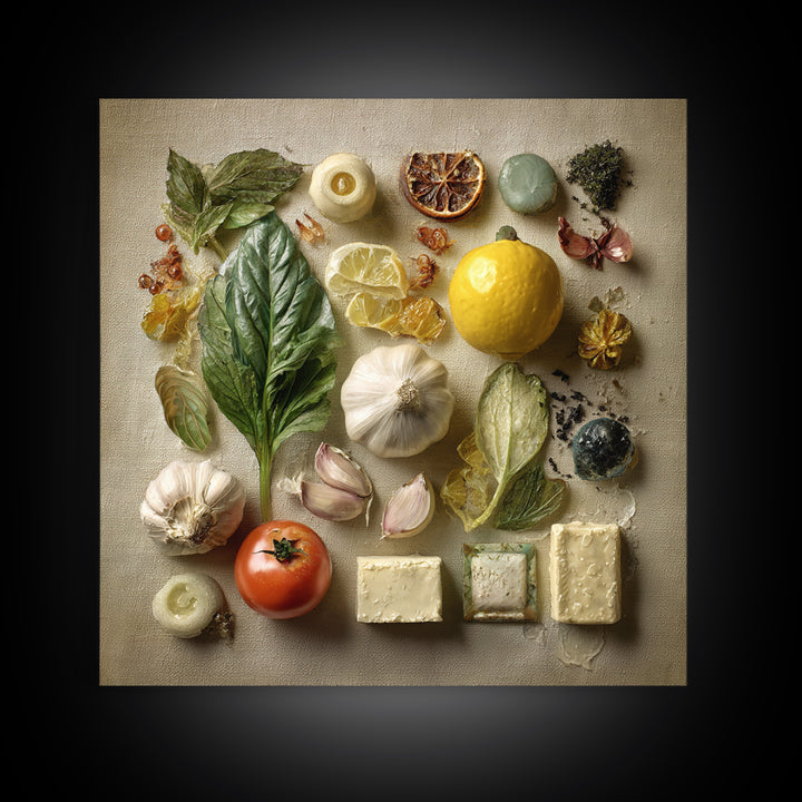 Tomatoes Garlic and Basil on Linen Canvas Print, Kitchen Art, Digital Wall Art, Kitchen Decor, Kitchen, Kitchen Prints, KIT-1x1-3