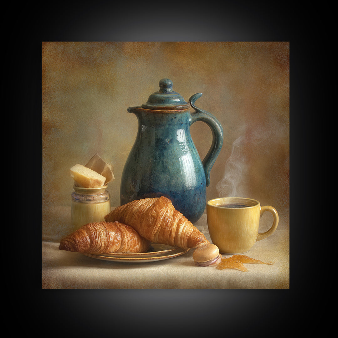 Coffee Pot and Croissant Morning Still Life Canvas Print, Kitchen Art, Kitchen Decor, Fine Art, Kitchen, Kitchen Art Print, KIT-1x1-31