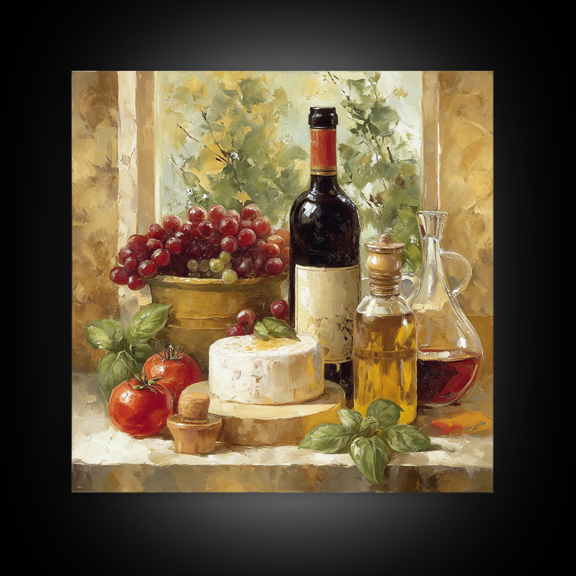 Wine Bottle Grapes and Cheese Still Life Canvas Print, Kitchen Art, Printable Wall Art, Kitchen Decor, Watercolor Art, Kitchen, KIT-1x1-36