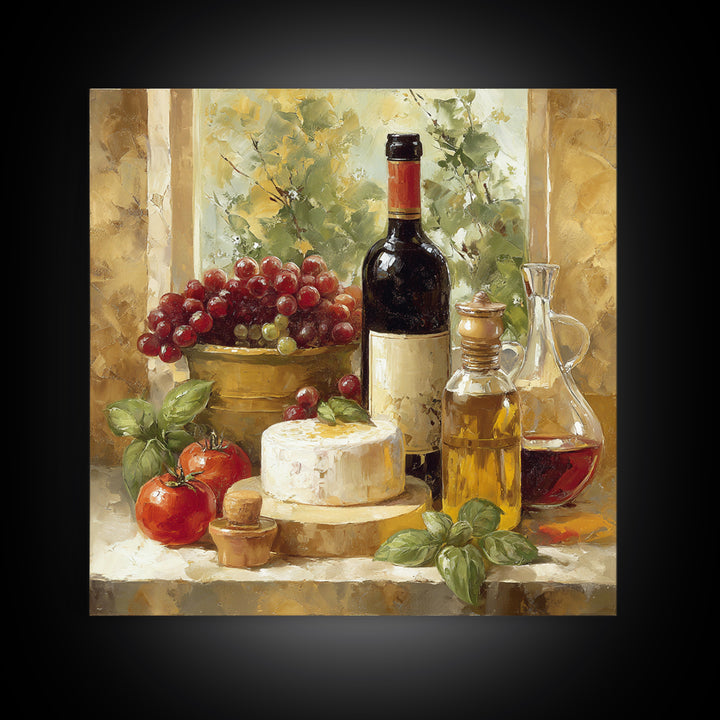 Wine Bottle Grapes and Cheese Still Life Canvas Print, Kitchen Art, Printable Wall Art, Kitchen Decor, Watercolor Art, Kitchen, KIT-1x1-36