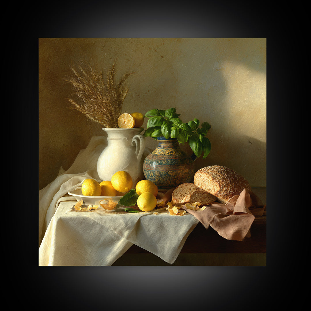Pasta Lemons and Basil Mediterranean Still Life Framed Canvas Print, Kitchen Art, Gallery Decor, Kitchen Decor, Kitchen, KIT-1x1-41
