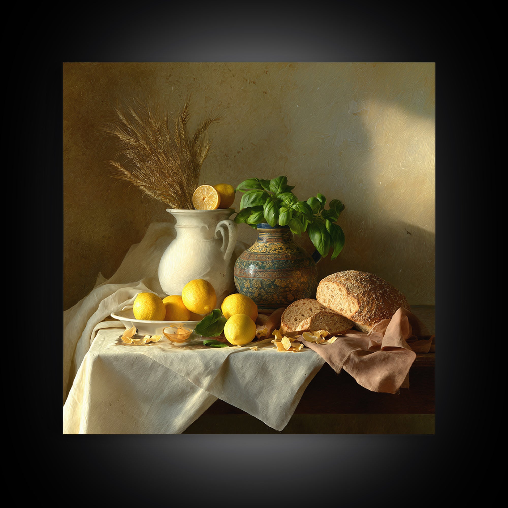 Pasta Lemons and Basil Mediterranean Still Life Framed Canvas Print, Kitchen Art, Gallery Decor, Kitchen Decor, Kitchen, KIT-1x1-41
