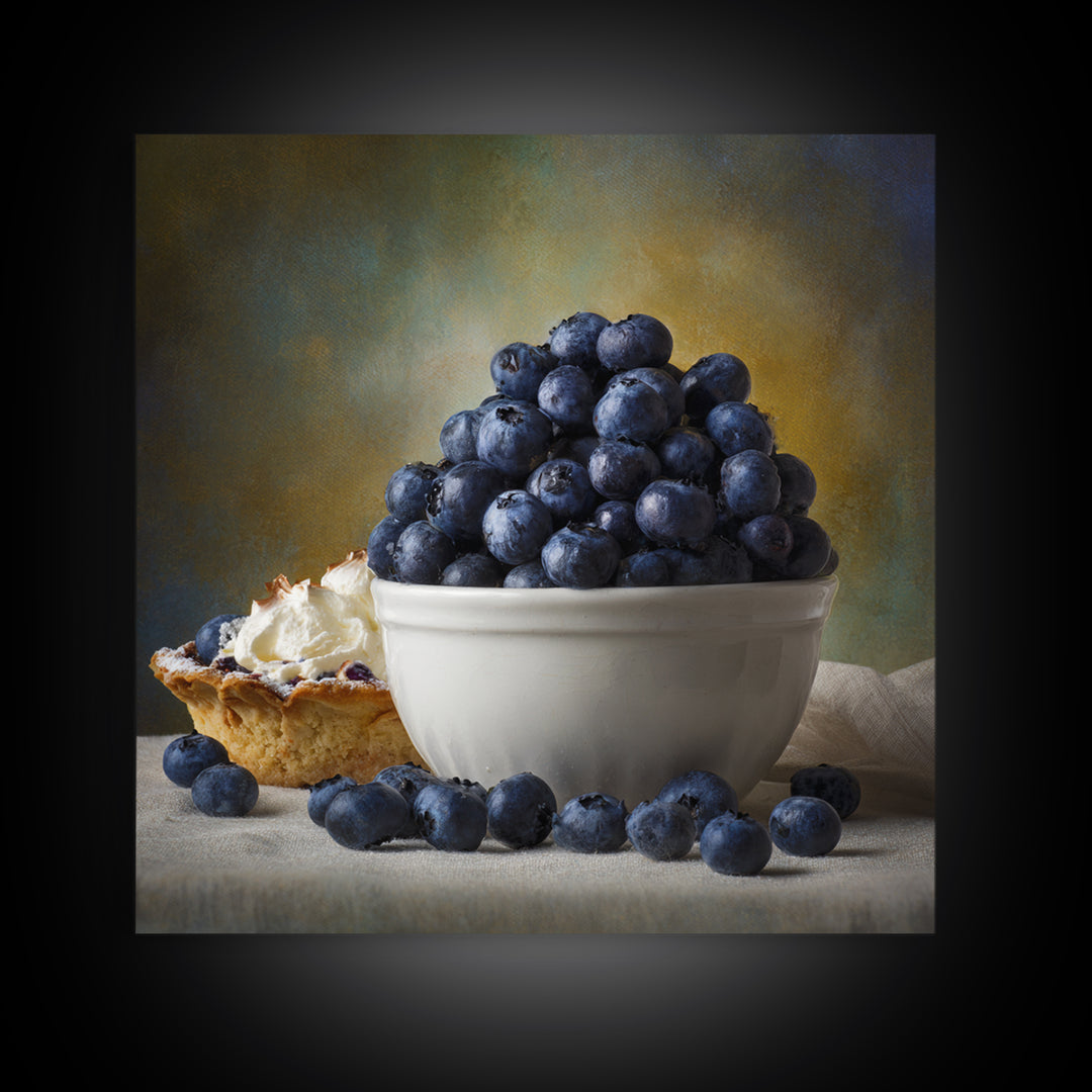 Blueberries in a White Bowl Framed Canvas Print, Kitchen Art, Modern Art, Kitchen Decor, Oil Painting, Kitchen, Neutral Decor, KIT-1x1-43