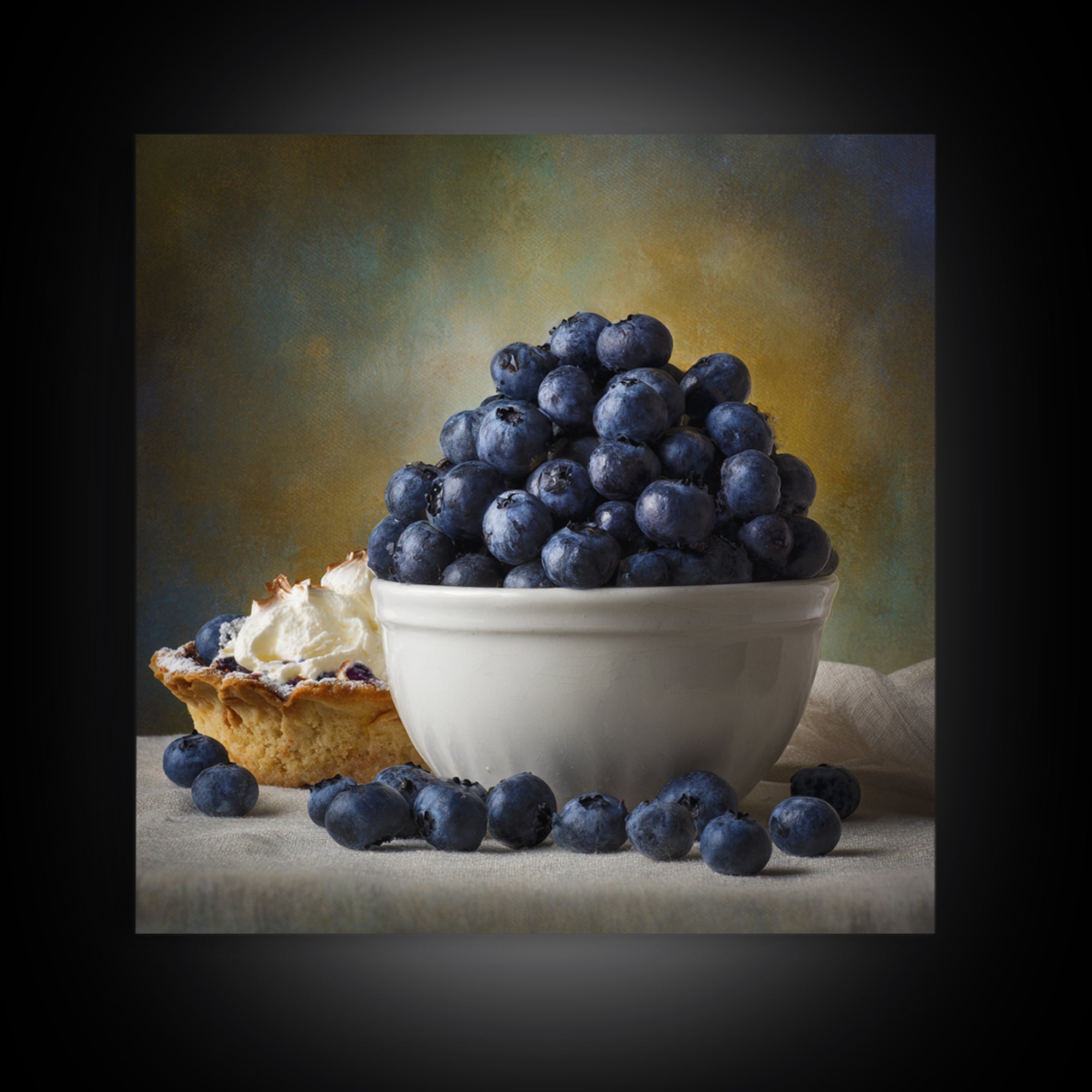 Blueberries in a White Bowl Framed Canvas Print, Kitchen Art, Modern Art, Kitchen Decor, Oil Painting, Kitchen, Neutral Decor, KIT-1x1-43