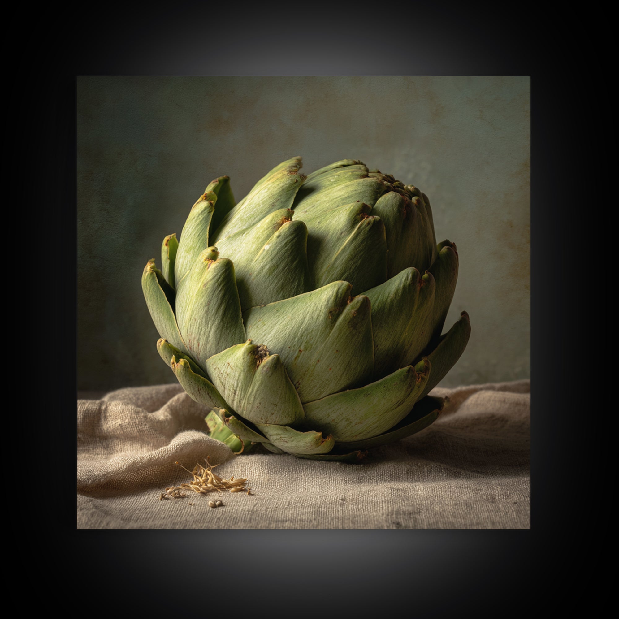 Artichoke Closeup in Painterly Green Tones Framed Canvas Print, Kitchen Art, Art Deco, Kitchen Decor, Fine Art, Kitchen, KIT-1x1-44