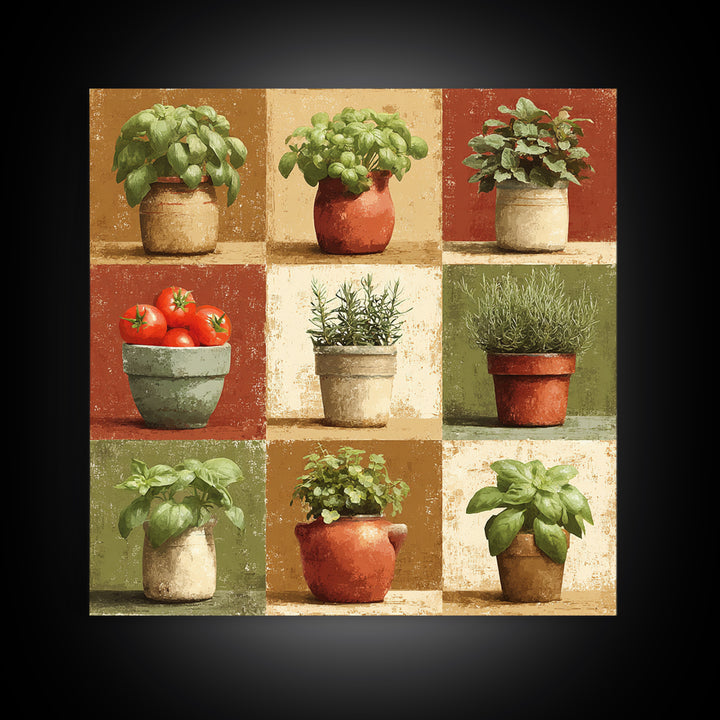 Fresh Herbs in Terracotta Pots Canvas Print, Kitchen Art, Modern Decor, Kitchen Decor, Fine Art, Kitchen, Home Decor, KIT-1x1-49
