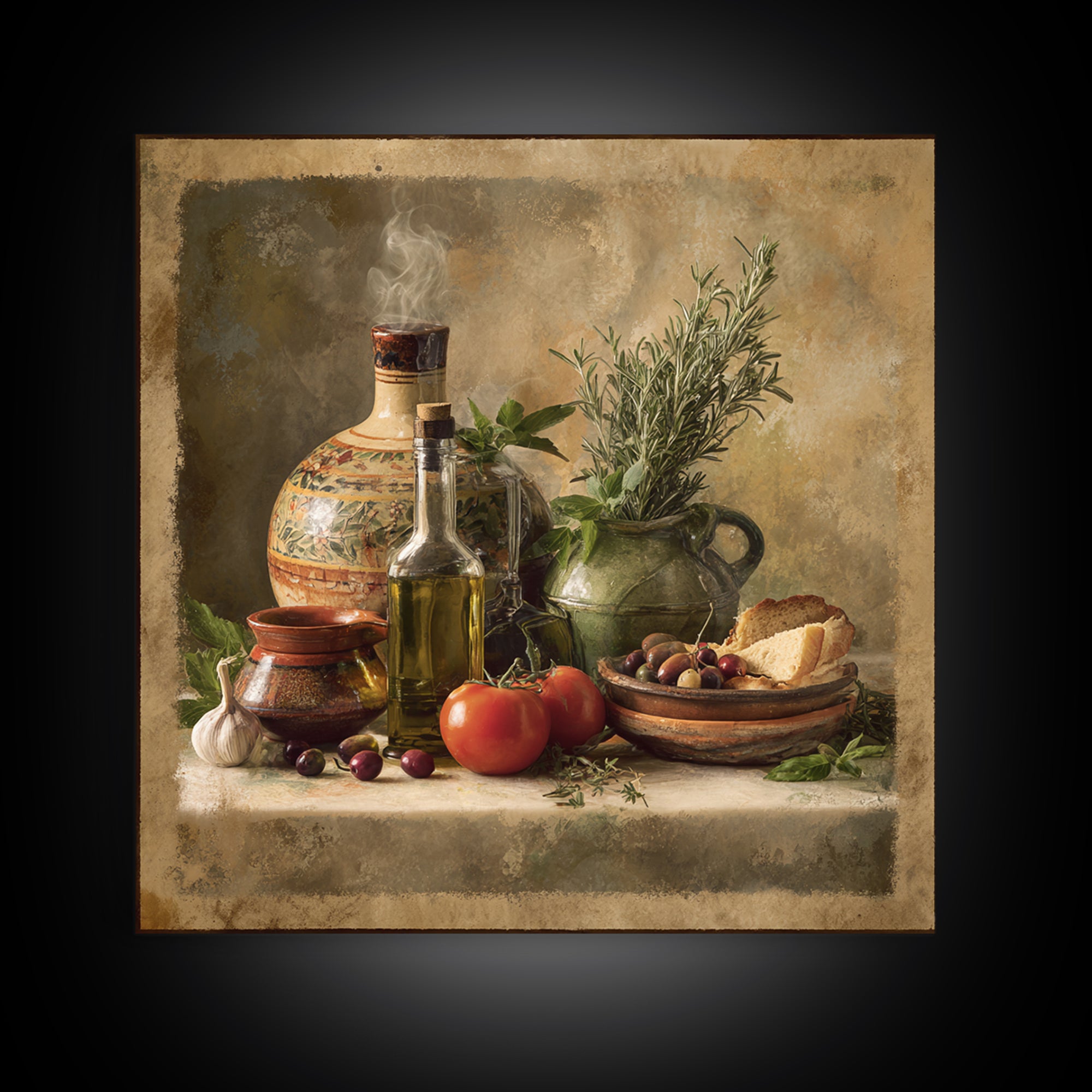 Olive Oil Bottle and Rosemary Branch Canvas Print, Kitchen Art, Coffee Print, Kitchen Decor, Watercolor Art, Kitchen, KIT-1x1-5