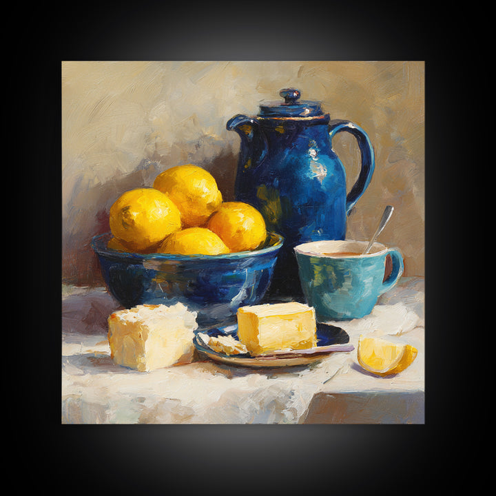 Lemons and Blue Ceramic Bowl Still Life Canvas Print, Kitchen Art, Trendy Wall Art, Kitchen Decor, Fine Art, Kitchen, KIT-1x1-50