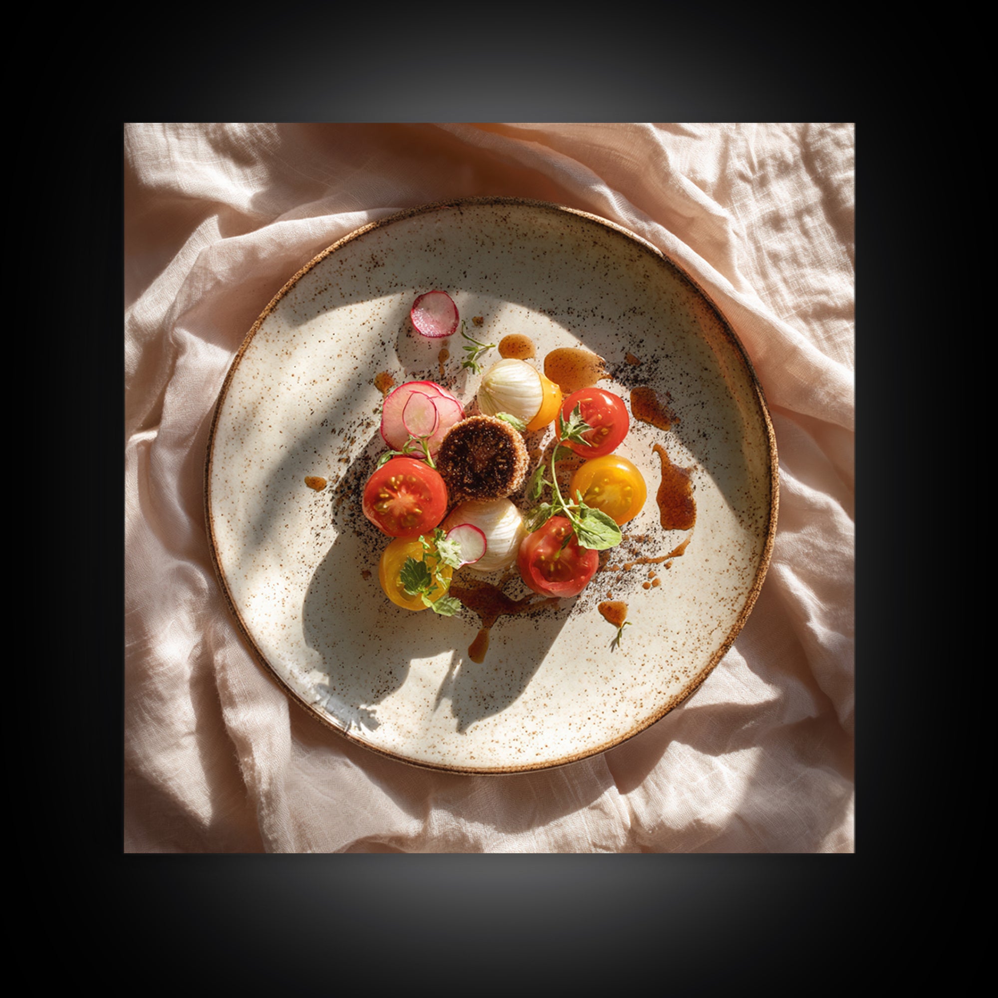 Tomatoes Garlic and Basil on Linen Framed Canvas Print, Kitchen Art, Coffee Wall Art, Kitchen Decor, Abstract Art, Kitchen, KIT-1x1-51