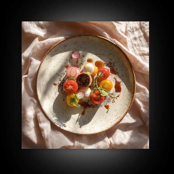 Tomatoes Garlic and Basil on Linen Framed Canvas Print, Kitchen Art, Coffee Wall Art, Kitchen Decor, Abstract Art, Kitchen, KIT-1x1-51