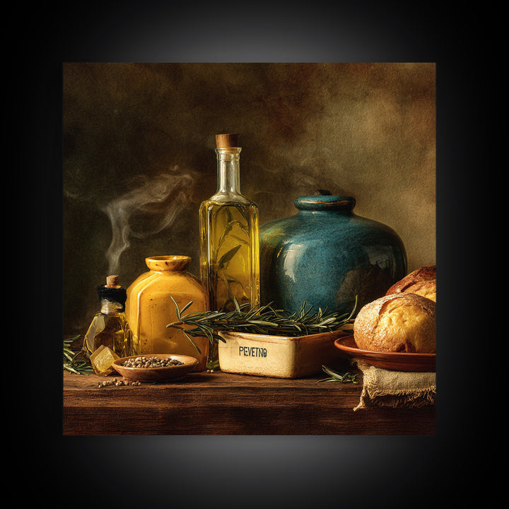 Olive Oil Bottle and Rosemary Branch Framed Canvas Print, Kitchen Art, Fine Art Print, Kitchen Decor, Fine Art, Kitchen, KIT-1x1-53