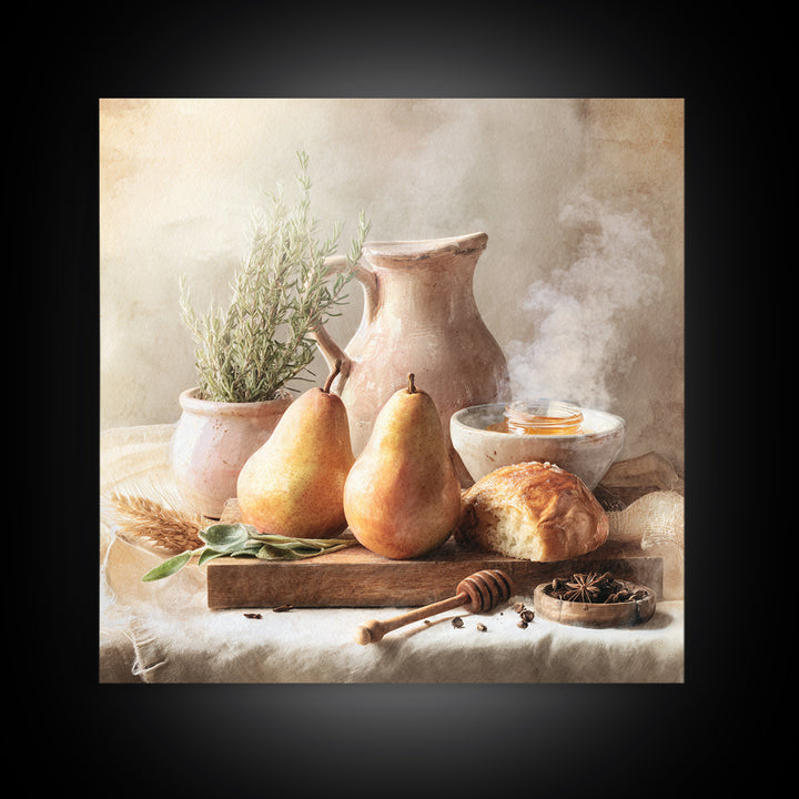 Farmhouse Pears on a Wooden Board Framed Canvas Print, Kitchen Art, Statement Artwork, Kitchen Decor, Abstract Art, Kitchen, KIT-1x1-57