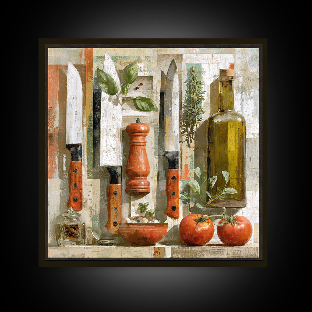 Chef Knives and Herbs Arranged as Graphic Framed Canvas Print, Kitchen Art, Kitchen Print, Kitchen Decor, Watercolor Art, KIT-1x1-58