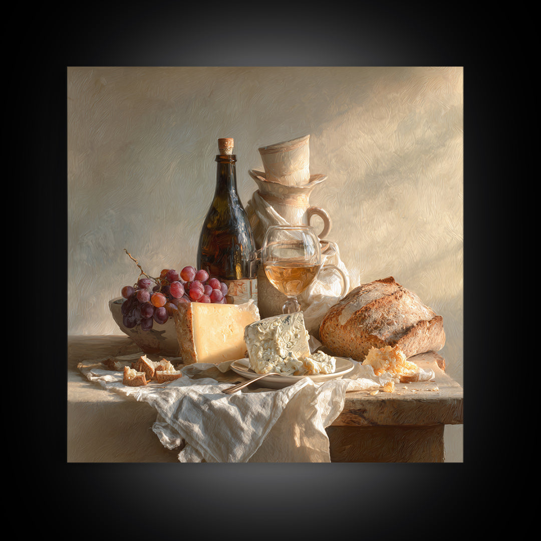 Wine Bottle Grapes and Cheese Still Life Canvas Print, Kitchen Art, Minimalist Wall Art, Kitchen Decor, Fine Art, Kitchen, KIT-1x1-60