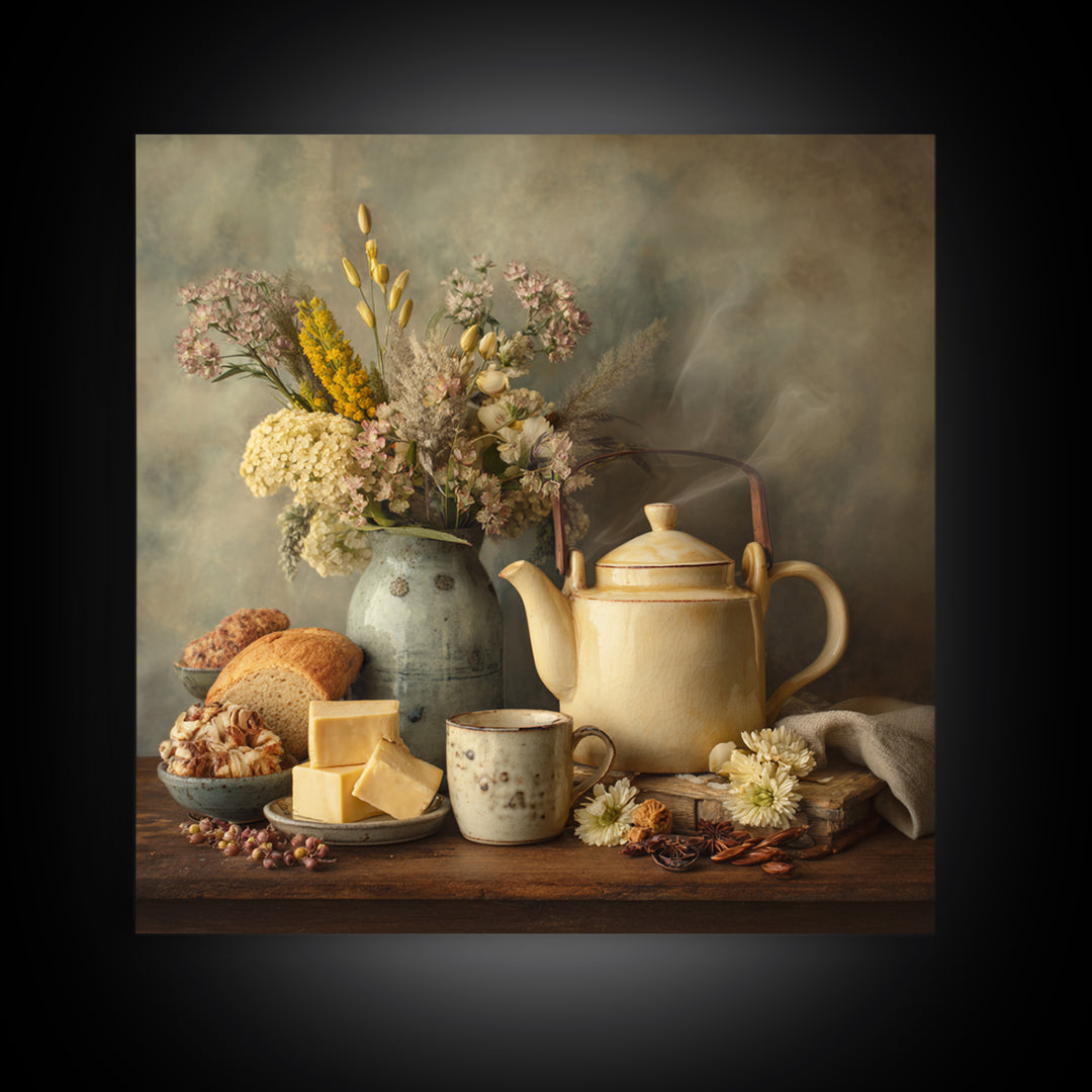 Tea Kettle with Steam and Wildflowers Framed Canvas Print, Kitchen Art, Coffee Wall Art, Kitchen Decor, Fine Art, Kitchen, KIT-1x1-62