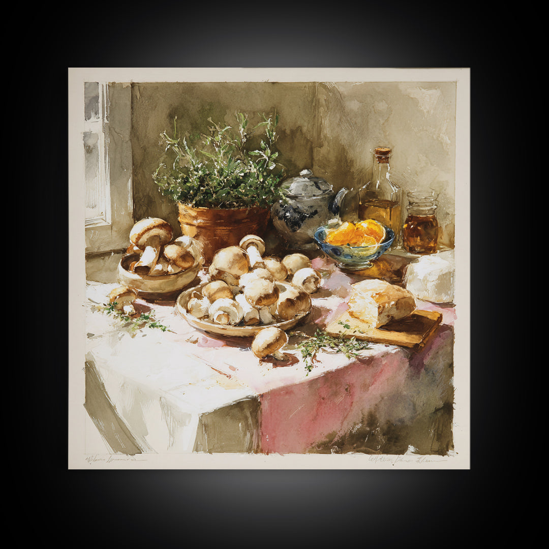 Mushrooms and Thyme Botanical Study Framed Canvas Print, Kitchen Art, Bar Cart Decor, Kitchen Decor, Oil Painting, Kitchen, KIT-1x1-63