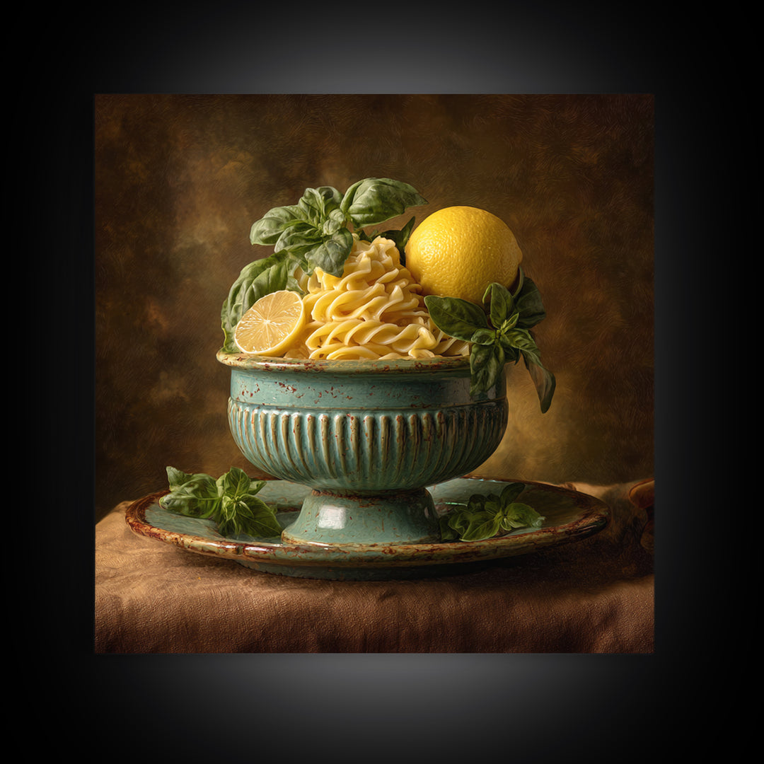 Pasta Lemons and Basil Mediterranean Still Life Framed Canvas Print, Kitchen Art, Gallery Decor, Kitchen Decor, Kitchen, KIT-1x1-65