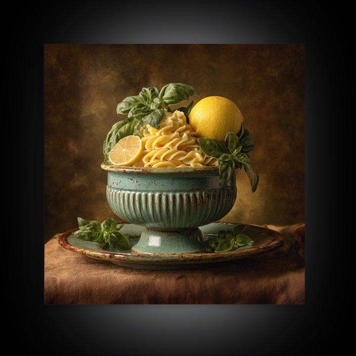 Pasta Lemons and Basil Mediterranean Still Life Framed Canvas Print, Kitchen Art, Gallery Decor, Kitchen Decor, Kitchen, KIT-1x1-65