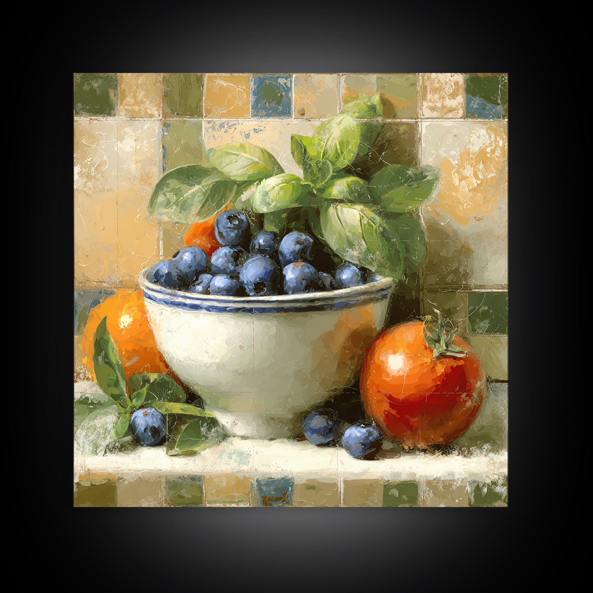 Blueberries in a White Bowl Framed Canvas Print, Kitchen Art, Gallery Decor, Kitchen Decor, Fine Art, Kitchen, Contemporary Art, KIT-1x1-67