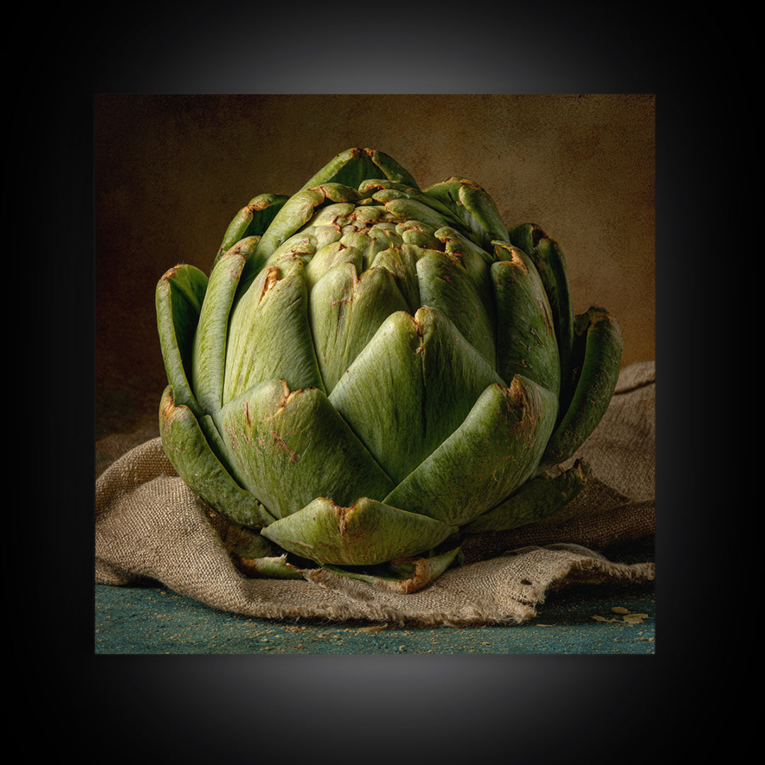 Artichoke Closeup in Painterly Green Tones Framed Canvas Print, Kitchen Art, Kitchen Prints, Kitchen Decor, Fine Art, Kitchen, KIT-1x1-68
